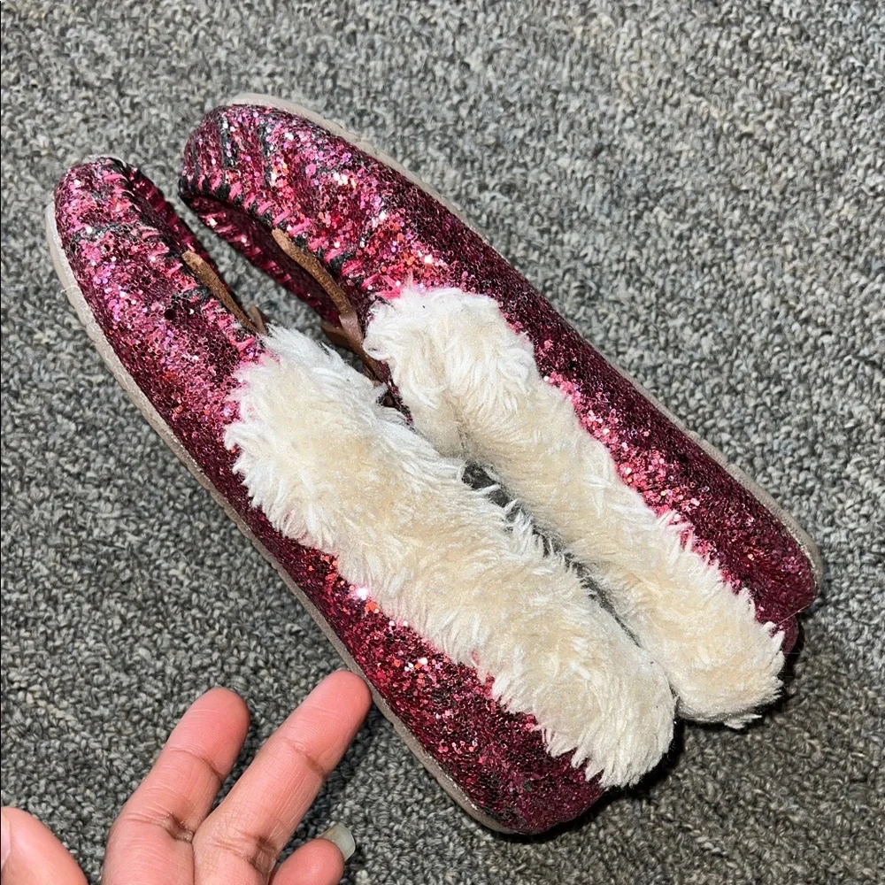 Pink Glitter Moccasin Slippers with Faux Fur Lining